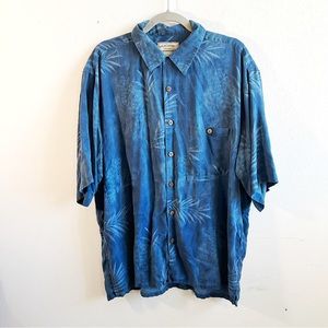 Boca Classic Shirt Blue Palm Frond Button Down 100% Silk Tropical Sz XL EUC